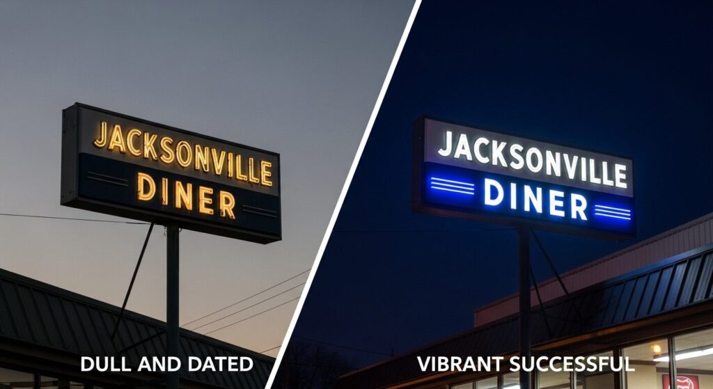 A side-by-side comparison of old fluorescent vs. modern LED signs in Jacksonville, showing the superior brightness and clarity of the LED sign.