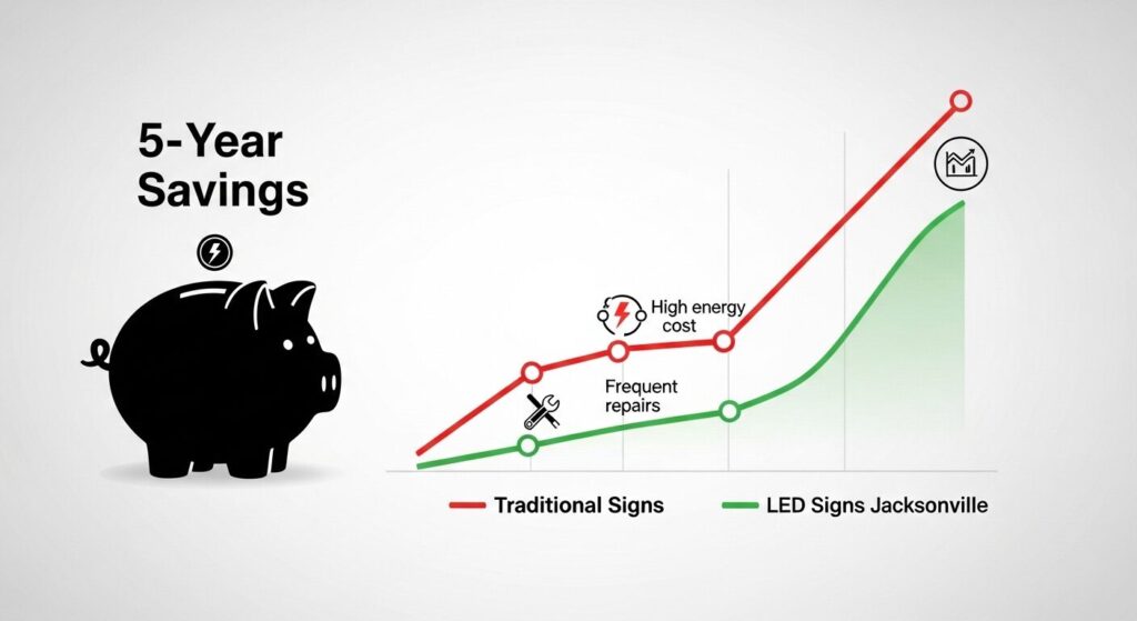 Infographic graph showing the long-term cost savings of LED signs in Jacksonville compared to the high maintenance and energy costs of traditional signs.