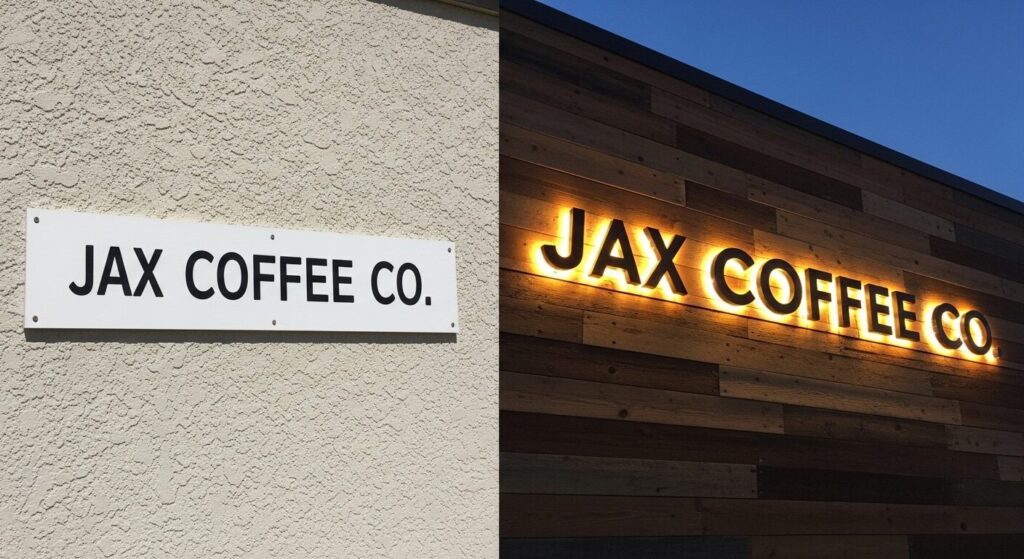 A side-by-side comparison of a simple rectangular sign versus a complex 3D channel letter sign.