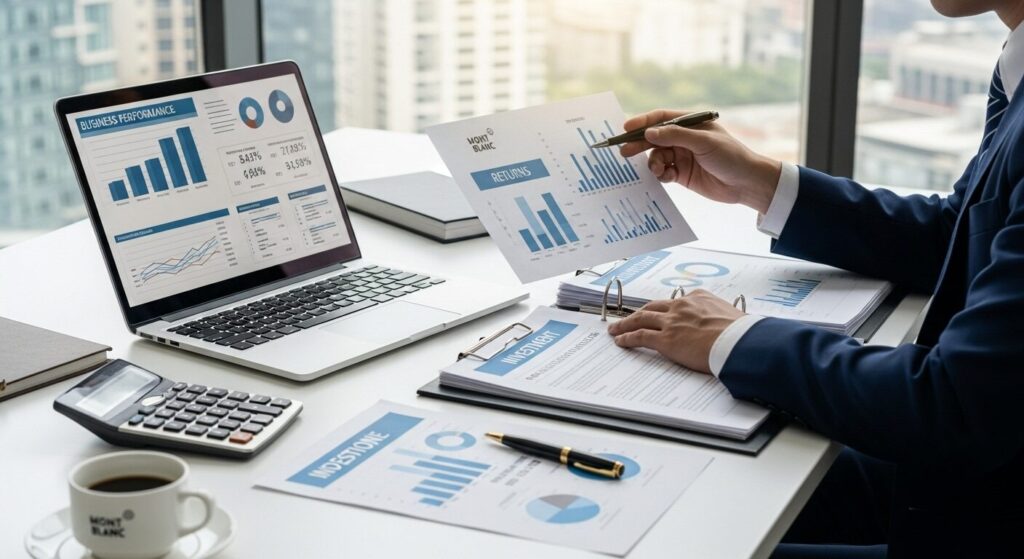 Business executive analyzing signage investment ROI and financial returns