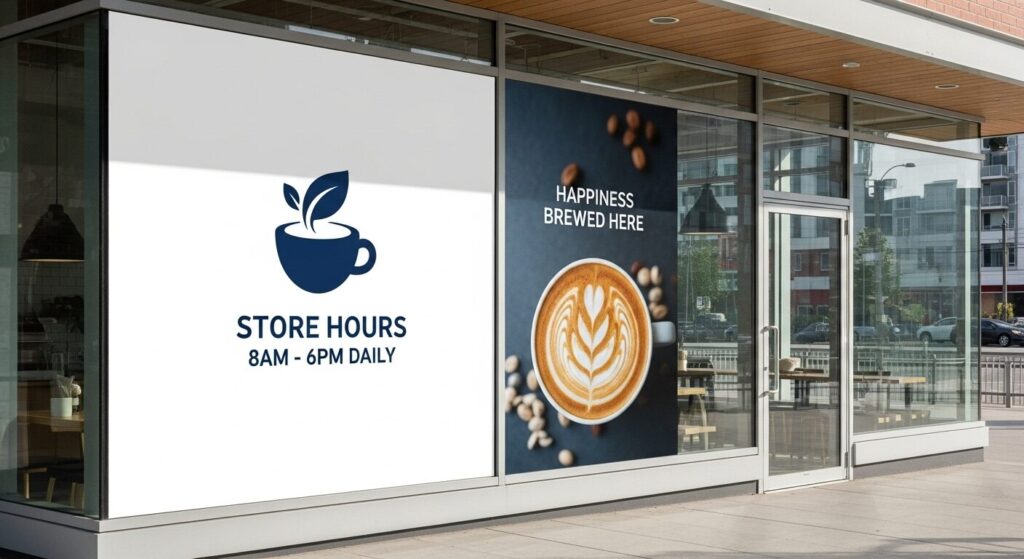 Colorful and informative window graphics on a Jacksonville storefront, demonstrating a versatile and high-impact sign type.