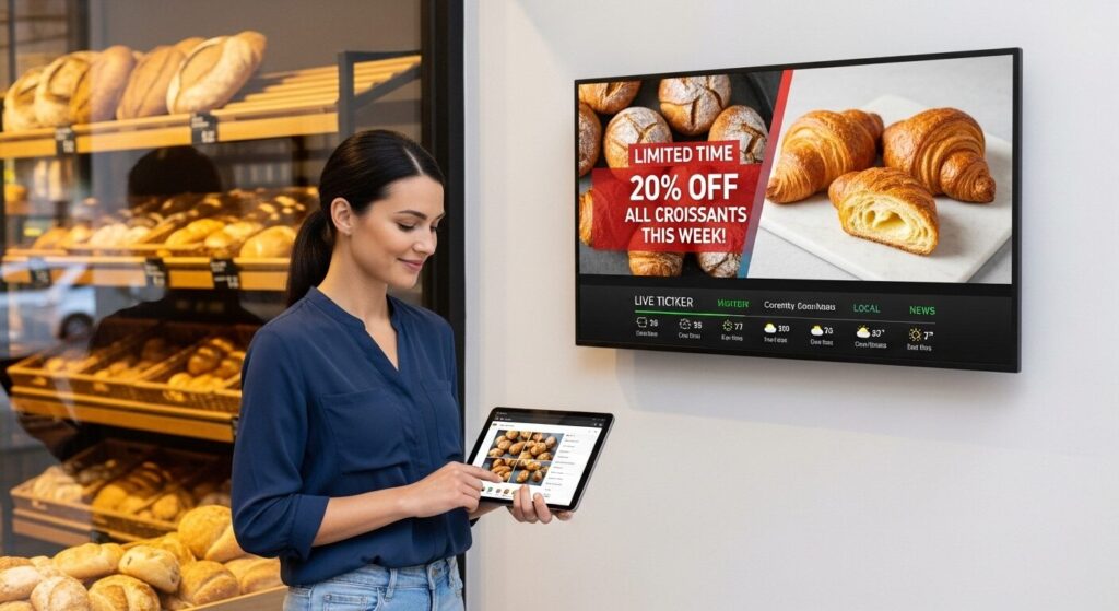 Business owner updating digital message center for real-time marketing flexibility