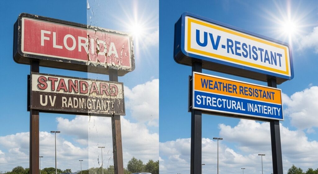 UV radiation effects comparing standard signs versus Florida-proof weather-resistant materials