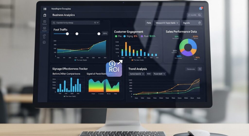 Business analytics dashboard measuring signage ROI and performance metrics