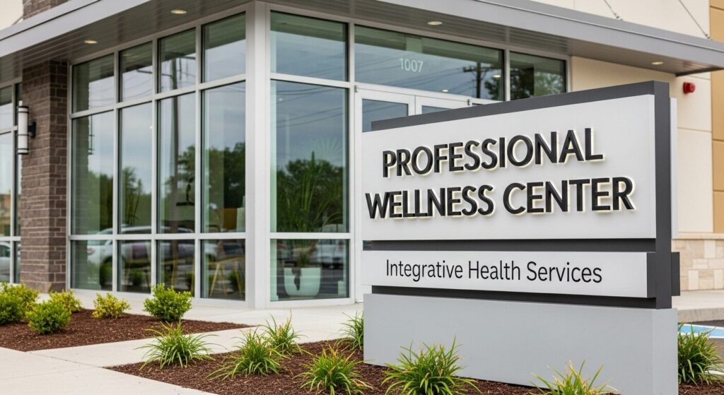 Professional sign design colors fonts showing wellness center with brushed aluminum lettering demonstrating excellent contrast and typography