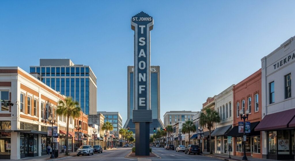 A tall pylon sign strategically placed for maximum visibility on a busy Jacksonville street.Title: Strategic Sign Placement in Jacksonville
