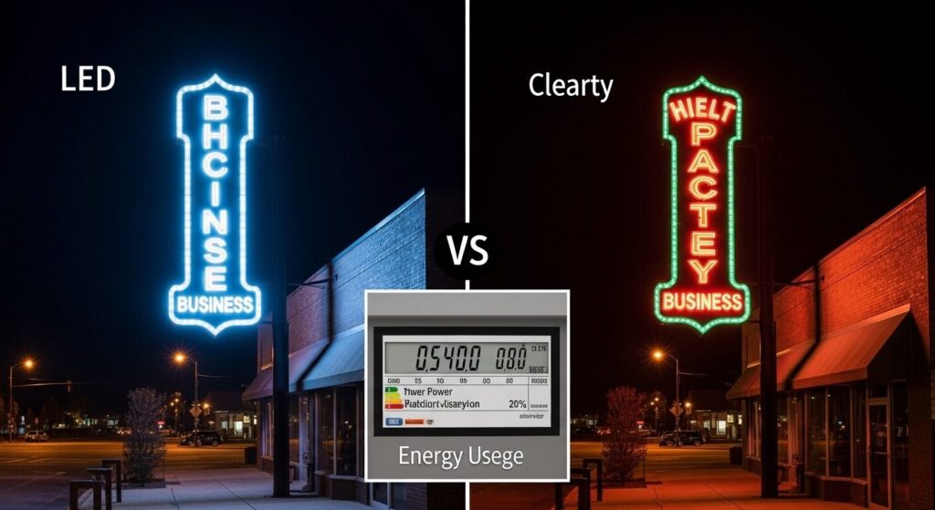 LED signs versus traditional neon showing energy efficiency and brightness advantages for Jacksonville businesses