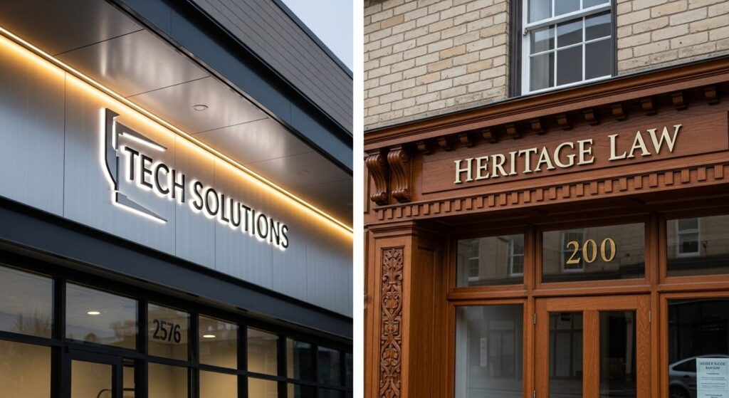 Modern aluminum and classic wood sign materials comparison for sign design colors fonts businesses