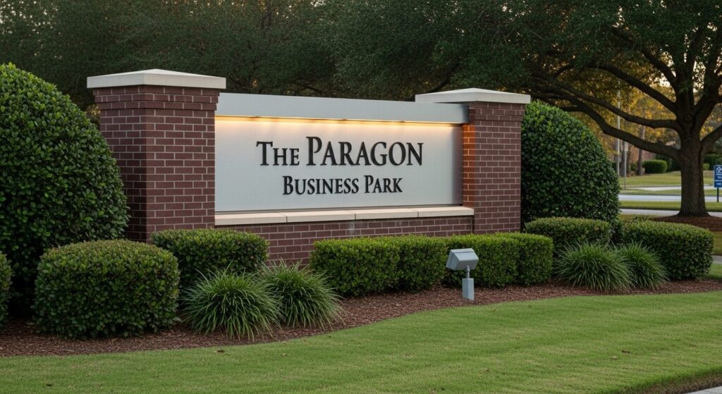 A durable monument sign marking the entrance to a Jacksonville business park, showcasing a permanent and authoritative sign type.
