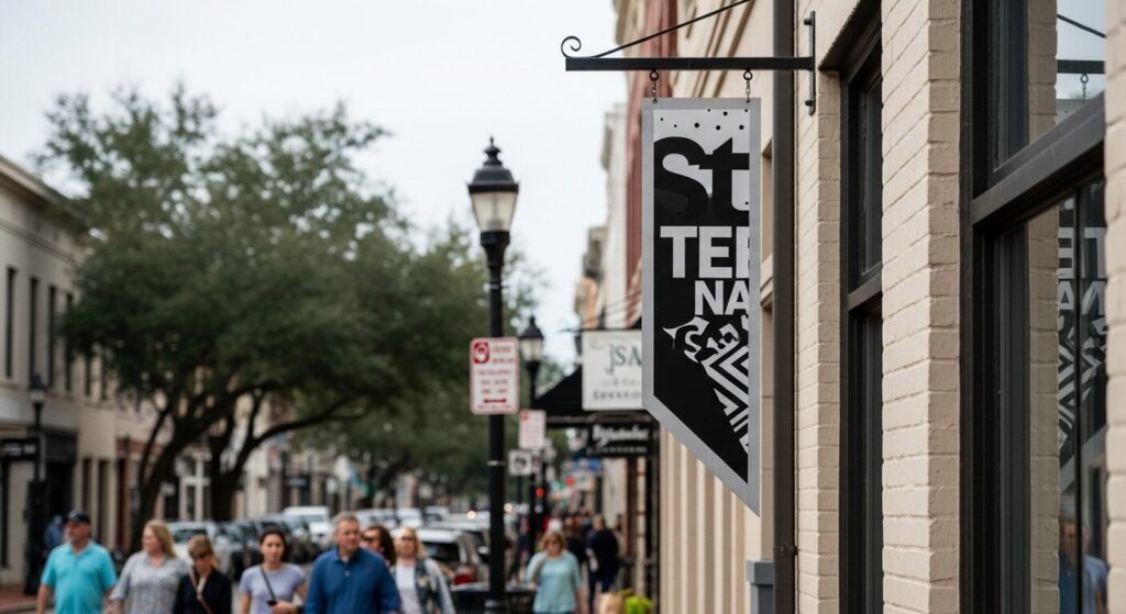 Walk-in Traffic with Blade Signs A classic blade sign designed to attract foot traffic, one of the essential types of business signs for Jacksonville's walkable districts.