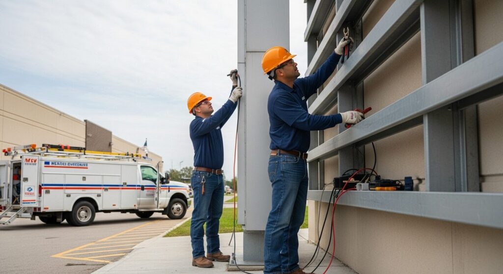 Professional sign maintenance technicians performing Florida weather-resistant sign inspection and service