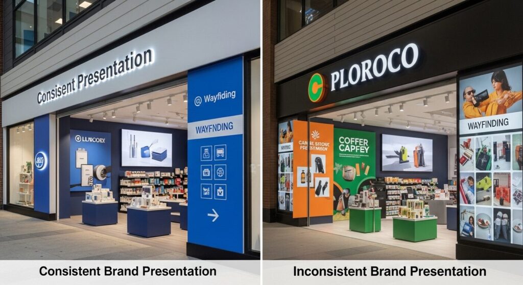 Brand consistency comparison showing consistent versus inconsistent sign design impact
