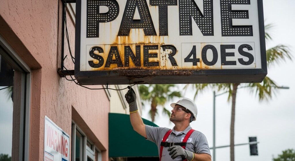 Sign maintenance Florida showing electrical warning signs requiring professional repair services for business signage safety