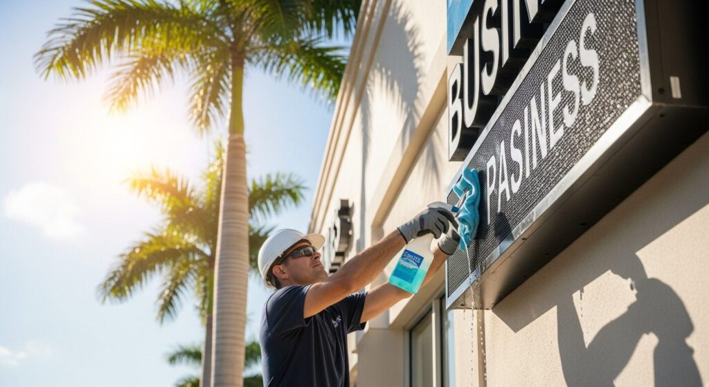 Sign maintenance Florida showing proper safe cleaning techniques for business signage with gentle methods and safety equipment
