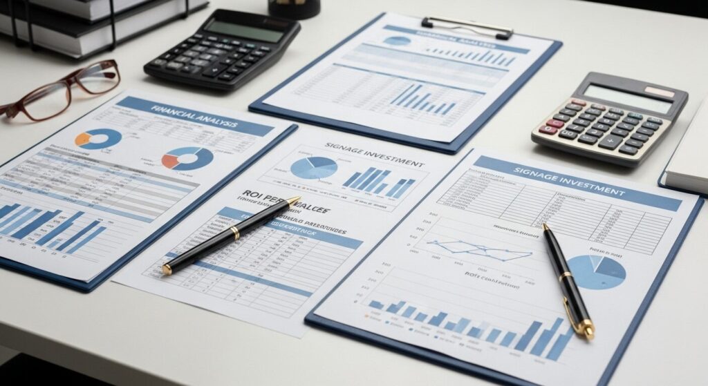 Professional signage ROI calculation analysis with investment performance worksheets and financial data