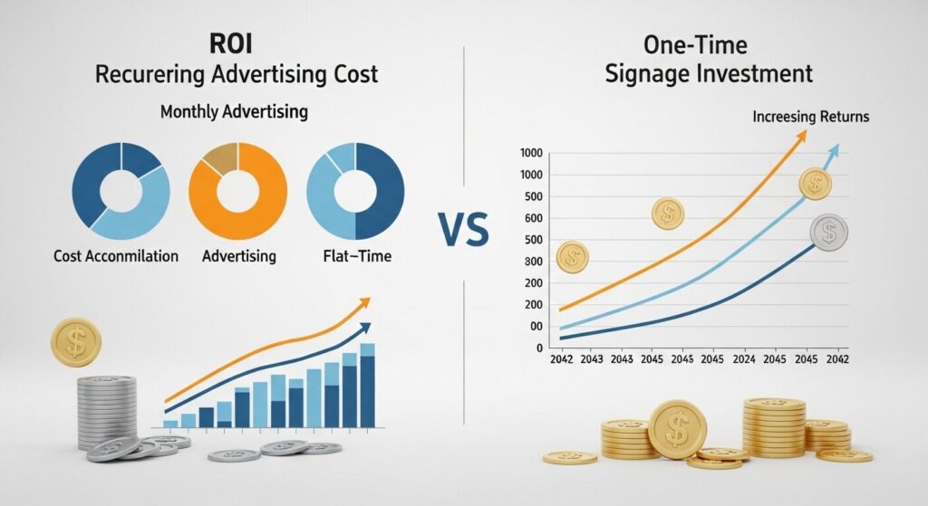 Signage ROI comparison chart showing superior returns versus recurring marketing investment costs