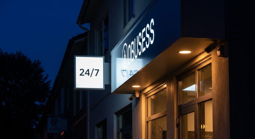 Illuminated business signage working 24/7 as silent salesman attracting customers