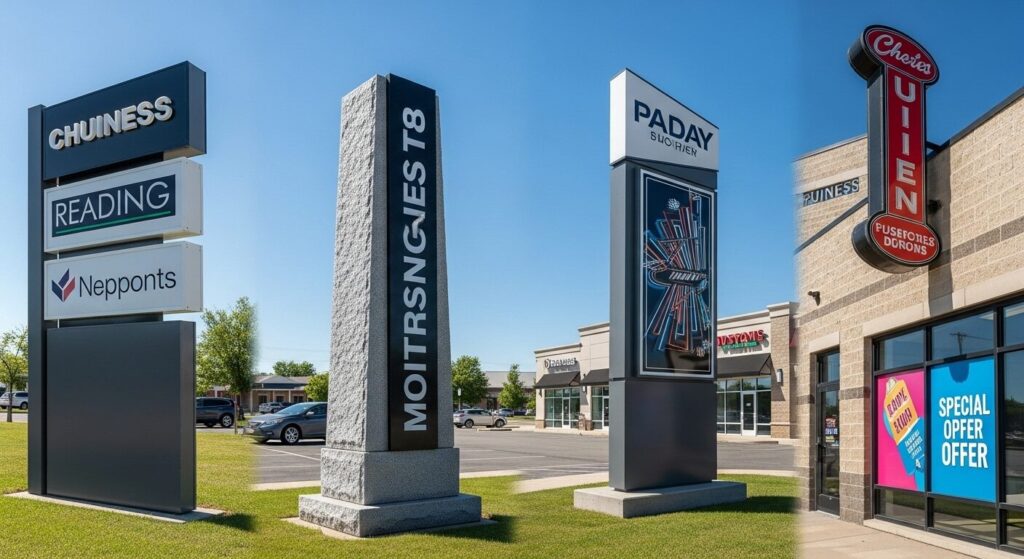 A visual guide to the five main types of business signs available for Jacksonville businesses, including channel letters and monument signs.