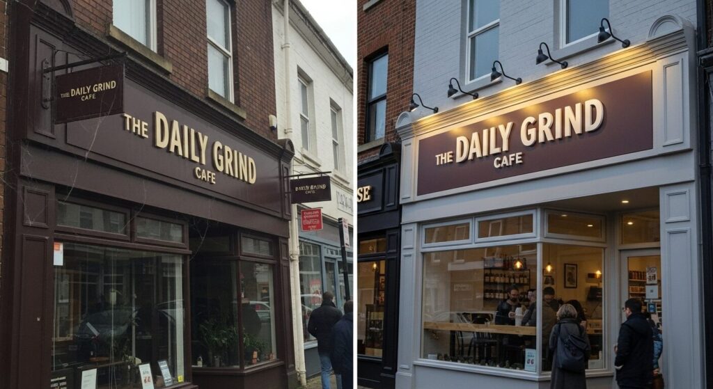 Comparison showing business sign visibility failure versus successful high-visibility signage