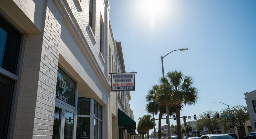 Poor business sign visibility example showing small unreadable text on commercial building in Jacksonville Florida daylight
