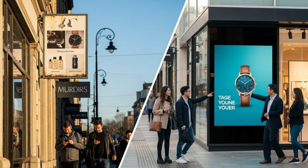 Comparison showing failed digital signage versus successful digital displays that capture attention