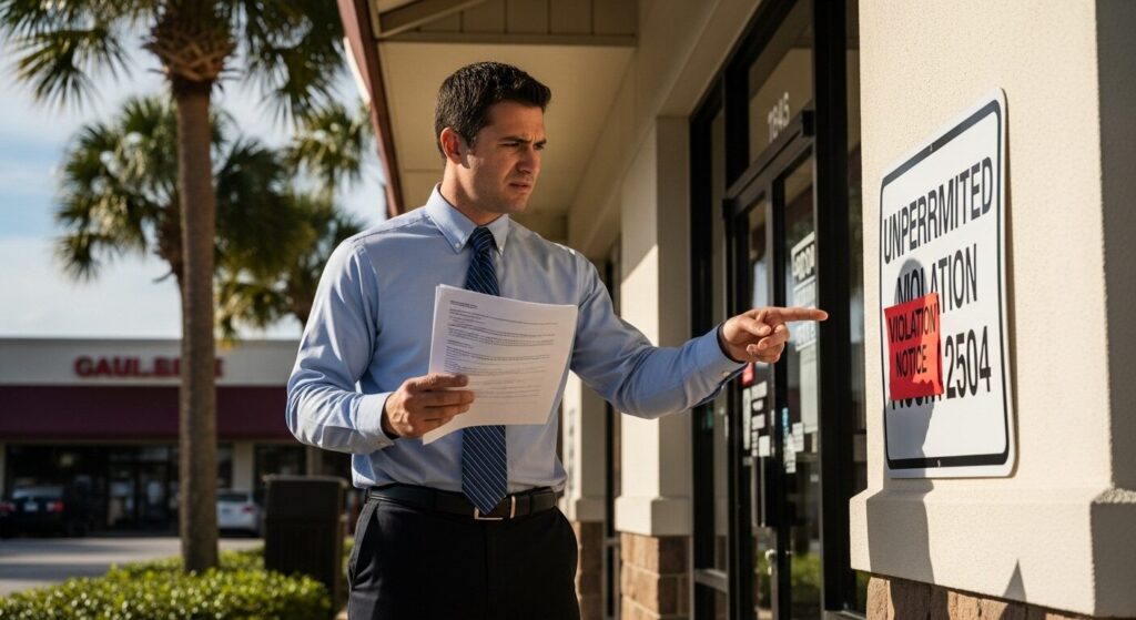 Business owner with sign permit violation notice in Jacksonville
