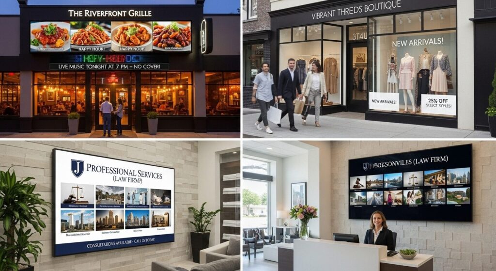 LED signage applications across different industries showing specific ROI benefits