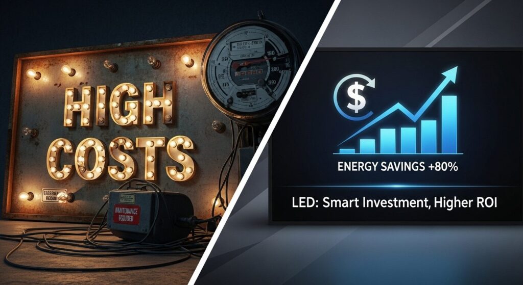 LED signage ROI comparison showing investment value versus traditional signage costs