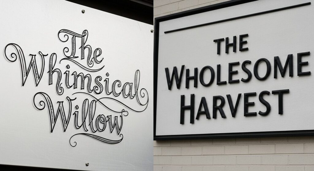 Typography comparison showing decorative fonts versus readable fonts in business signage