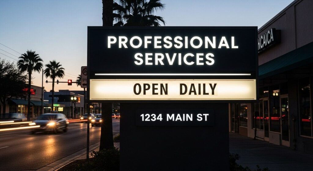 Illuminated business sign working as silent 24/7 salesperson Jacksonville evening