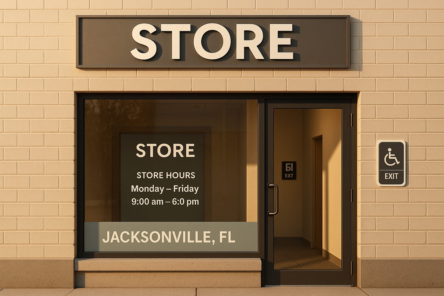 Jacksonville storefront with ADA-compliant indoor signage and code-compliant exterior sign
