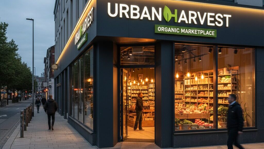 A corner storefront for "Urban Harvest Organic Marketplace" at dusk. The main sign, featuring white illuminated text and a green leaf logo on a dark grey background, is highly visible from the sidewalk and street. Interior warm lighting highlights fresh produce through large windows, attracting pedestrians.