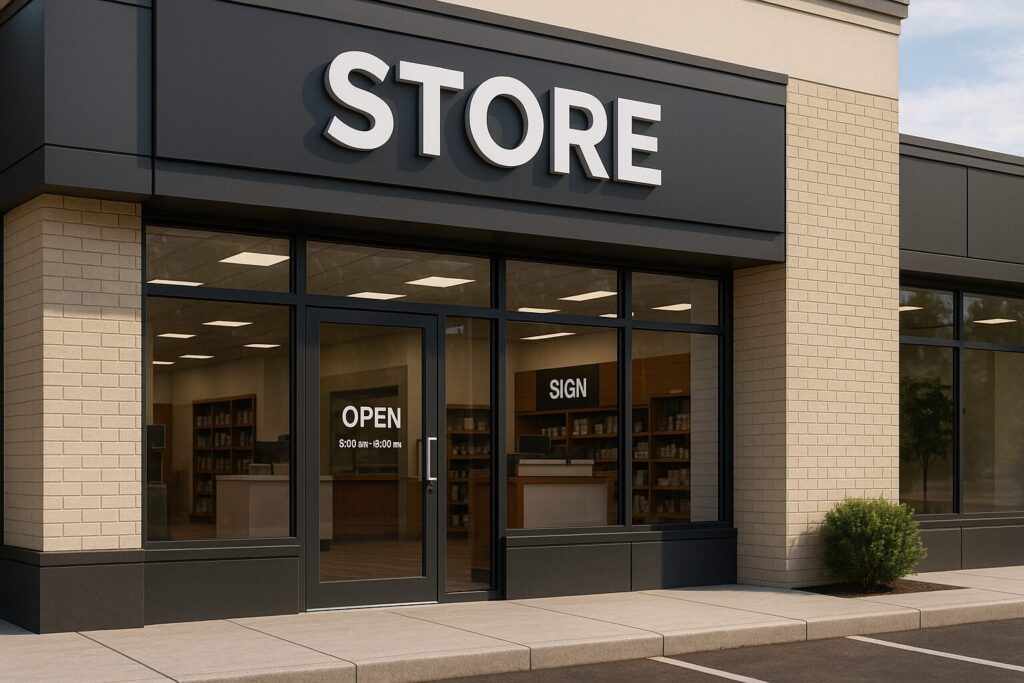 Jacksonville storefront showing exterior fascia sign, door decal and interior wayfinding signs
