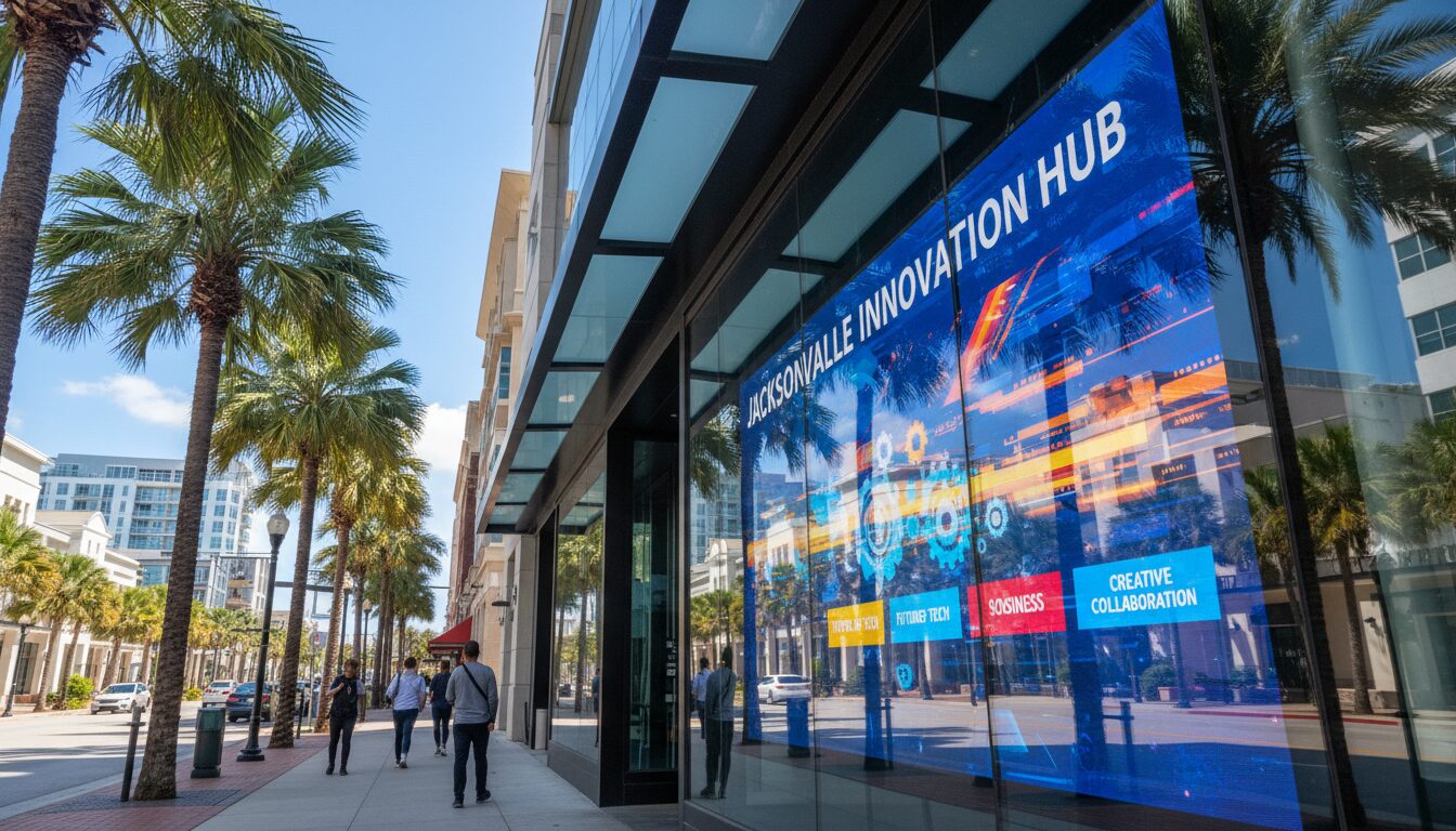 LED digital display on a storefront in Jacksonville FL showcasing vibrant content