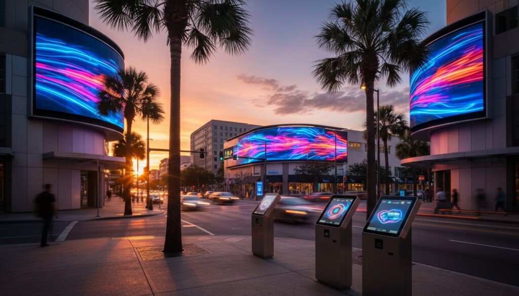 Modern digital signage in Jacksonville FL during sunset with interactive features