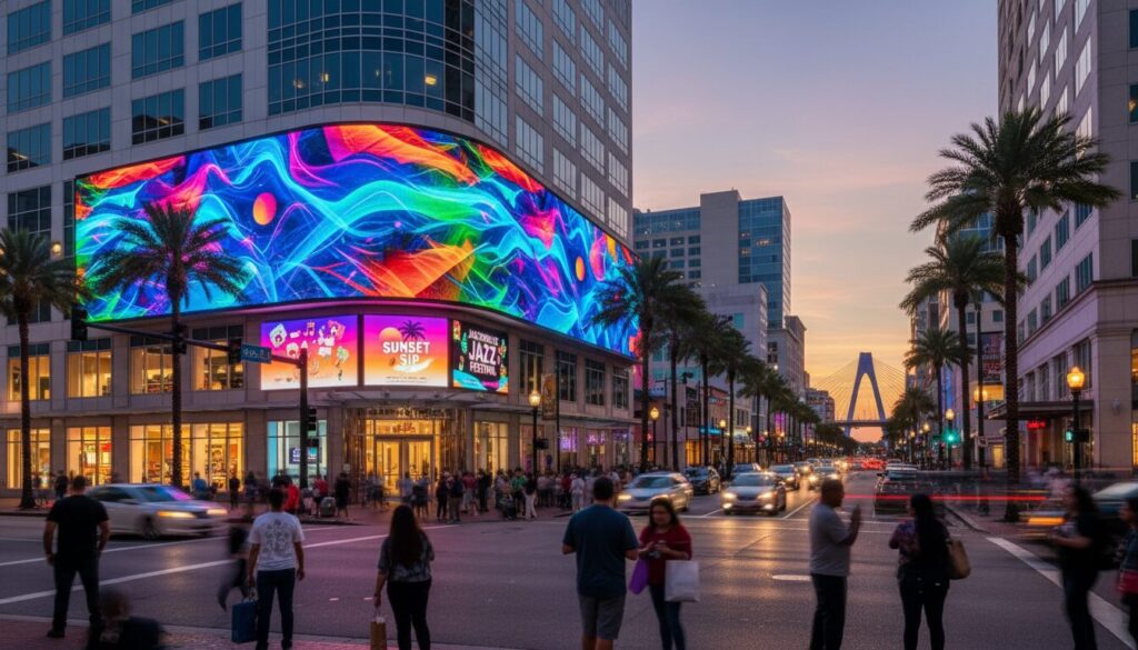 Outdoor LED screen showcasing advertisements in Jacksonville FL during evening