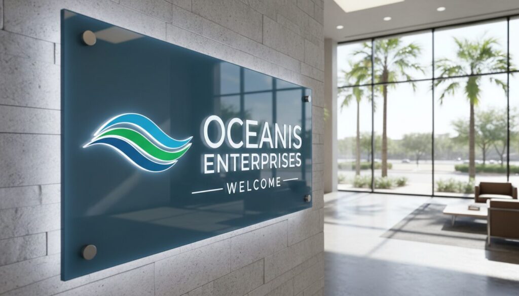 modern reception sign in Jacksonville lobby with branding