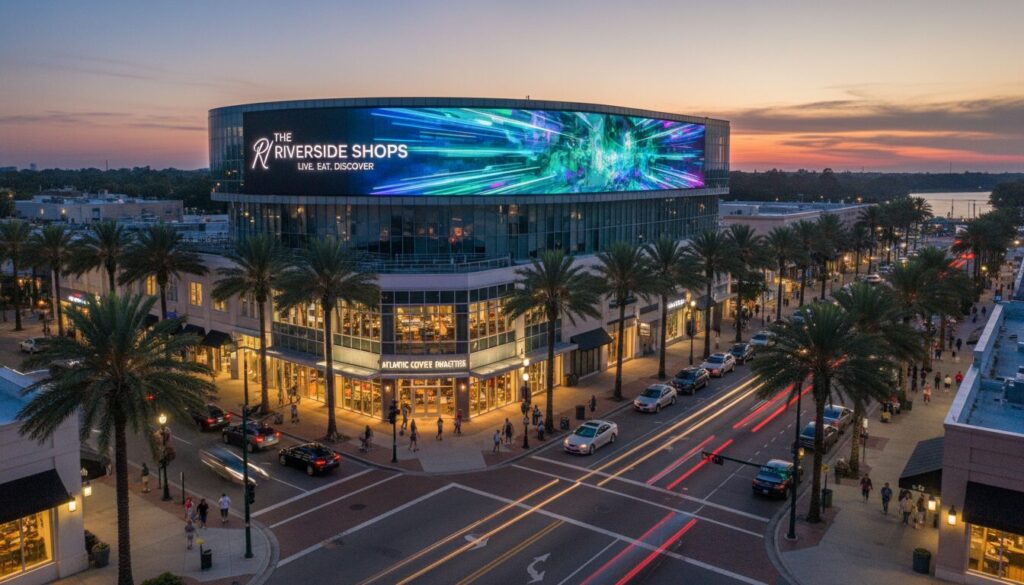 Illuminated modern LED signage on a Jacksonville storefront at dusk