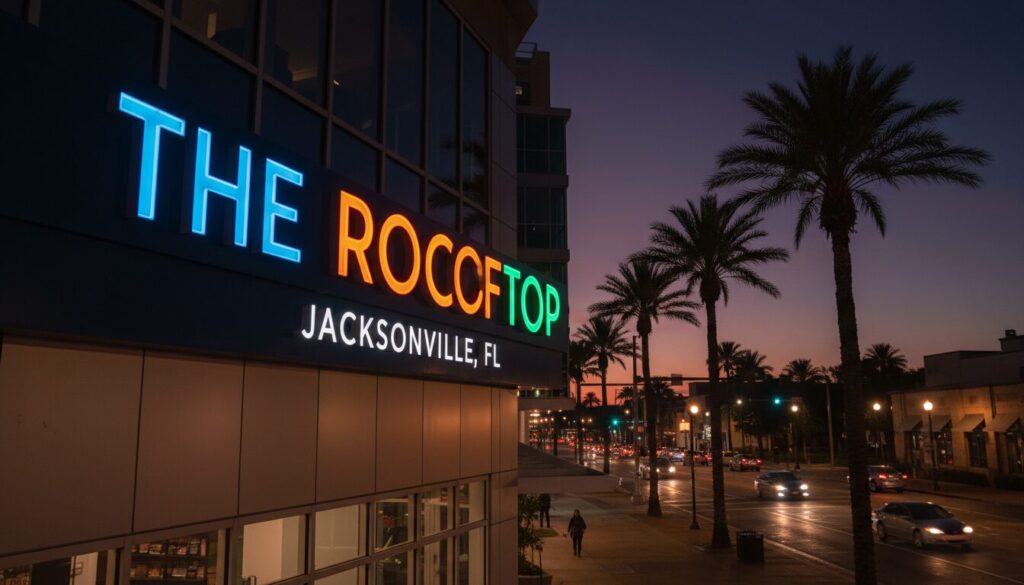 Channel letters sign illuminating a storefront in Jacksonville FL at night
