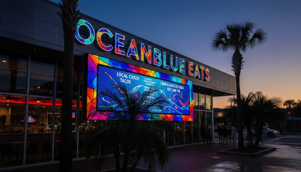 Eye-catching illuminated restaurant signage in Jacksonville FL at dusk