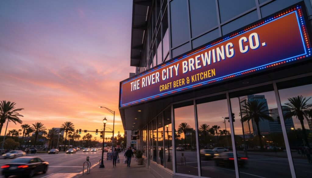 Colorful illuminated storefront signage in Jacksonville FL during sunset