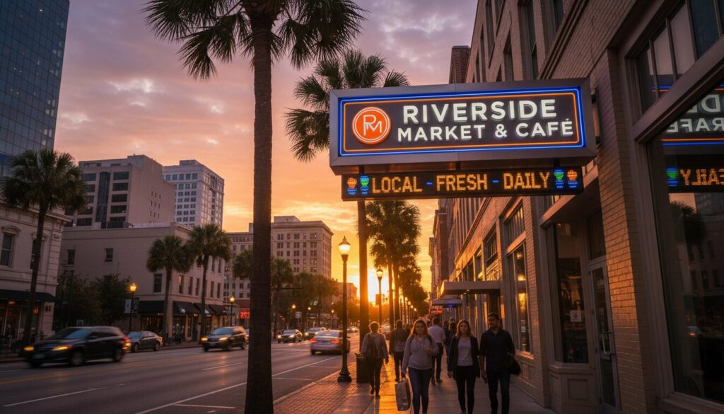 LED illuminated storefront sign in Jacksonville FL during golden hour