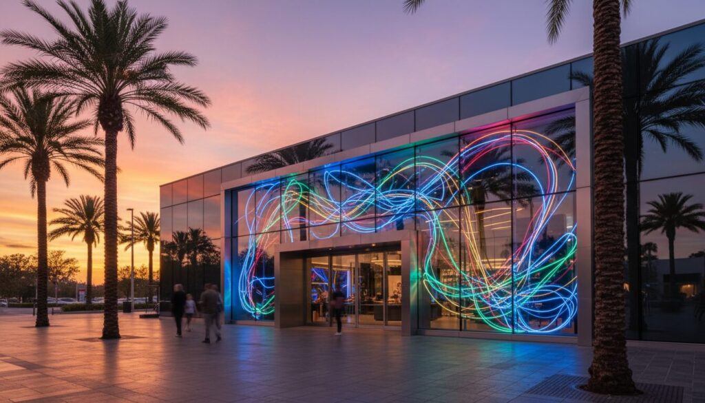 Illuminated LED signage on a Jacksonville storefront at sunset
