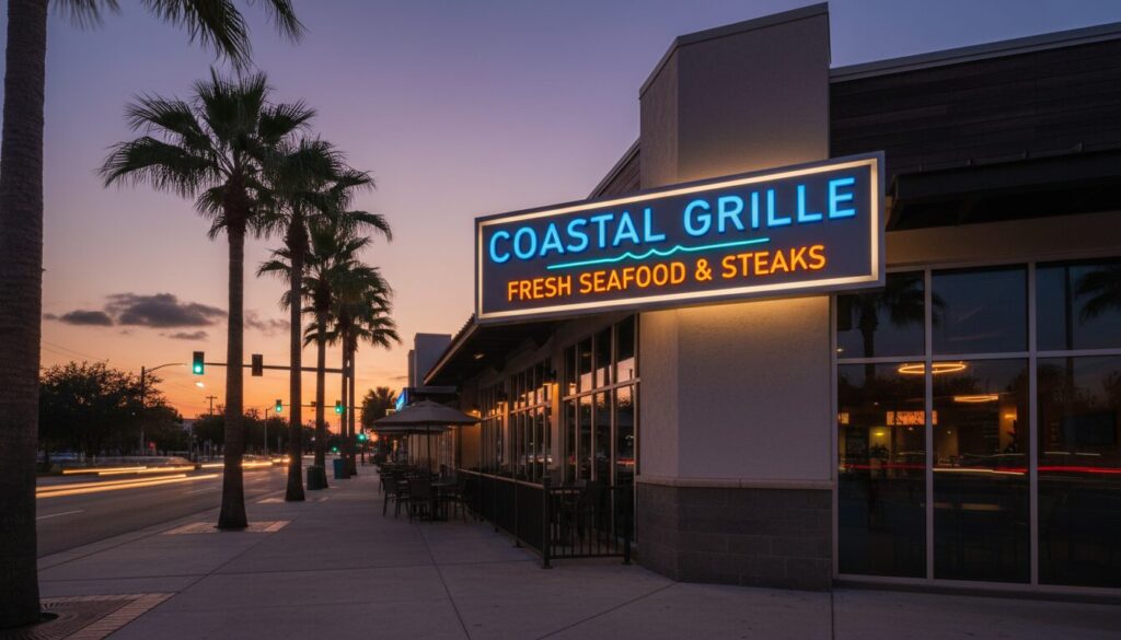 LED illuminated sign outside a restaurant in Jacksonville FL at twilight