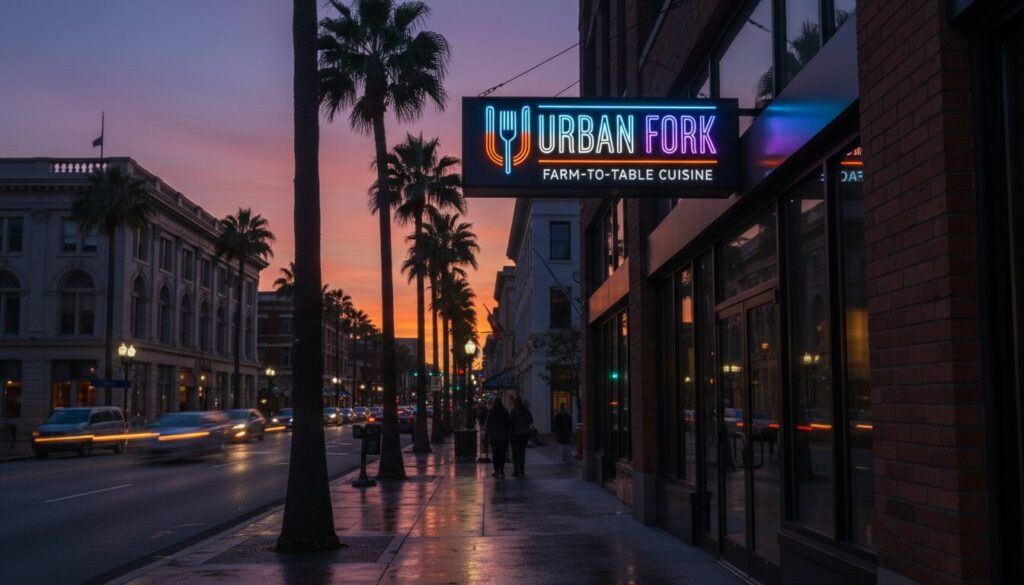 LED sign showcasing a restaurant in Downtown Jacksonville FL at dusk