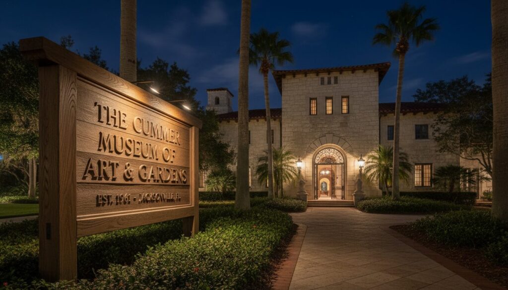 Wooden sign in Jacksonville FL at night with illuminated downlighting